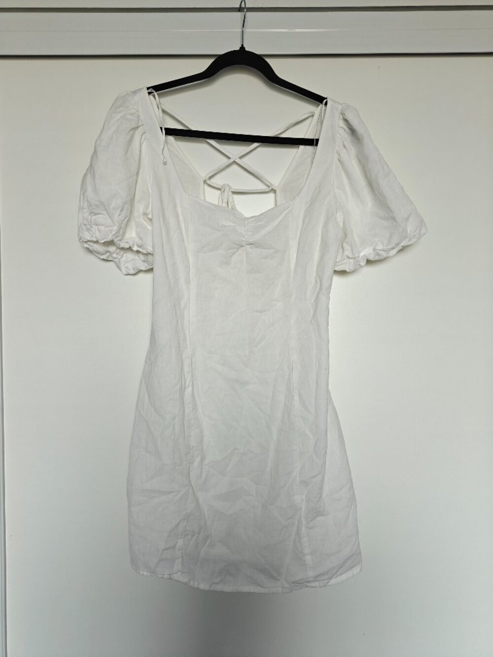 H&M White Cotton Linen Puff Sleeve Mini Dress Medium Open Back Cottagecore 0721 - Picture 3 of 8